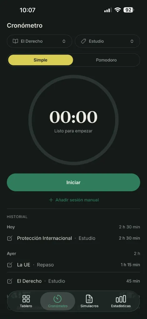 Cronómetro de Opotracker con modo simple y Pomodoro